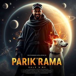 A cinematic film poster titled 'Parikrama', featuring a 27-year-old Indian man standing powerfully in the vastness of our solar system