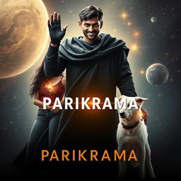 A cinematic film poster titled 'Parikrama', featuring a 27-year-old Indian man standing powerfully in the vastness of our solar system