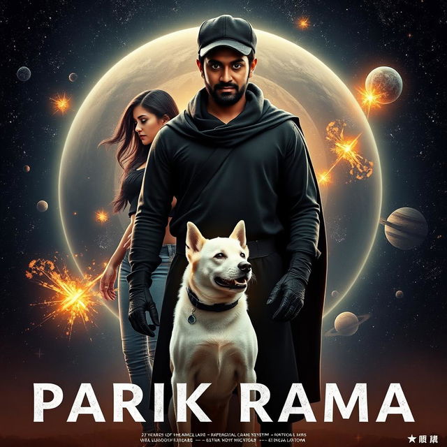 A cinematic film poster titled 'Parikrama', depicting a 27-year-old Indian man who embodies multiversal dark magical powers, standing confidently in the vastness of our solar system