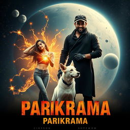 A cinematic film poster titled 'Parikrama', depicting a 27-year-old Indian man who embodies multiversal dark magical powers, standing confidently in the vastness of our solar system