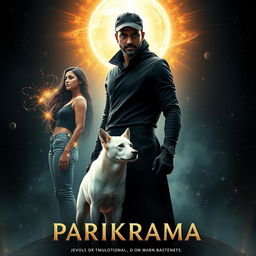 A cinematic film poster titled 'Parikrama', depicting a 27-year-old Indian man who embodies multiversal dark magical powers, standing confidently in the vastness of our solar system