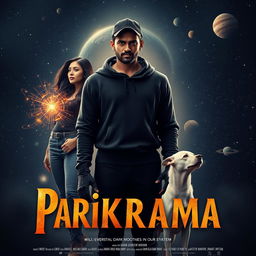 A cinematic film poster titled 'Parikrama', depicting a 27-year-old Indian man who embodies multiversal dark magical powers, standing confidently in the vastness of our solar system