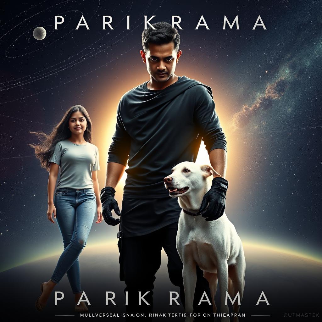 A cinematic film poster titled 'Parikrama', featuring a 27-year-old Indian man standing assertively in the vast expanse of our solar system