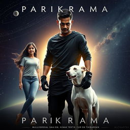 A cinematic film poster titled 'Parikrama', featuring a 27-year-old Indian man standing assertively in the vast expanse of our solar system