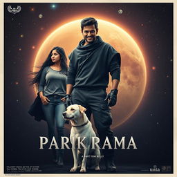 A cinematic film poster titled 'Parikrama', featuring a 27-year-old Indian man standing assertively in the vast expanse of our solar system