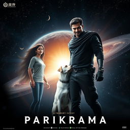 A cinematic film poster titled 'Parikrama', featuring a 27-year-old Indian man standing assertively in the vast expanse of our solar system