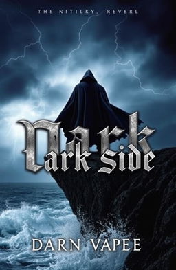 A captivating book cover design for a novel titled 'Dark Side', featuring a shadowy figure standing on a cliff against a stormy sky