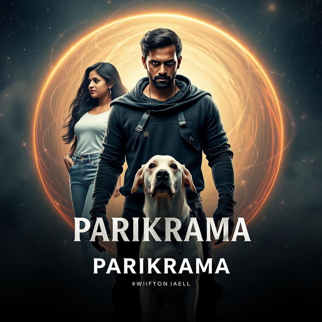 A cinematic film poster titled 'Parikrama', showcasing a striking 27-year-old Indian man imbued with multiversal dark magical powers, standing boldly in the expansive celestial setting of our solar system