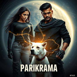 A cinematic film poster titled 'Parikrama', showcasing a striking 27-year-old Indian man imbued with multiversal dark magical powers, standing boldly in the expansive celestial setting of our solar system