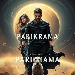 A cinematic film poster titled 'Parikrama', showcasing a striking 27-year-old Indian man imbued with multiversal dark magical powers, standing boldly in the expansive celestial setting of our solar system