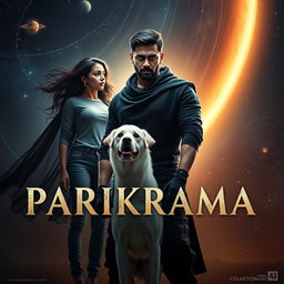 A cinematic film poster titled 'Parikrama', showcasing a striking 27-year-old Indian man imbued with multiversal dark magical powers, standing boldly in the expansive celestial setting of our solar system