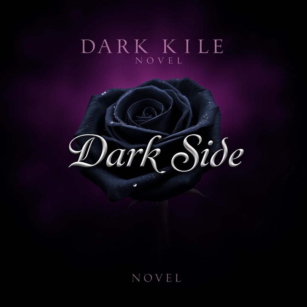 A stunning book cover design for a novel titled 'Dark Side', featuring a single, beautifully rendered black rose as the main visual element