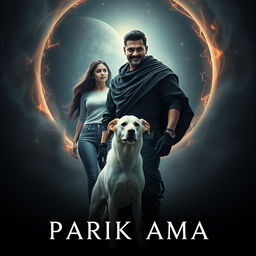 A cinematic film poster titled 'Parikrama', featuring a 27-year-old Indian man who wields multiversal dark magical powers as he stands in the vast expanse of our solar system