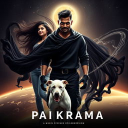 A cinematic film poster titled 'Parikrama', featuring a 27-year-old Indian man who wields multiversal dark magical powers as he stands in the vast expanse of our solar system