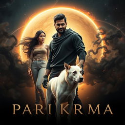 A cinematic film poster titled 'Parikrama', featuring a 27-year-old Indian man who wields multiversal dark magical powers as he stands in the vast expanse of our solar system