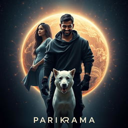 A captivating cinematic film poster titled 'Parikrama', featuring a 27-year-old Indian man standing powerfully in the midst of our solar system