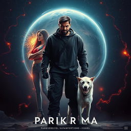 A captivating cinematic film poster titled 'Parikrama', featuring a 27-year-old Indian man standing powerfully in the midst of our solar system