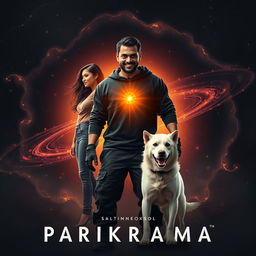 A captivating cinematic film poster titled 'Parikrama', featuring a 27-year-old Indian man standing powerfully in the midst of our solar system