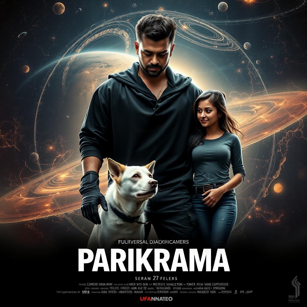 A gripping cinematic film poster titled 'Parikrama', featuring a formidable 27-year-old Indian man standing in the breathtaking expanse of our solar system, showcasing his multiversal dark magical powers