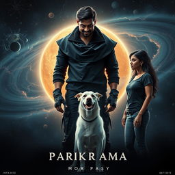 A gripping cinematic film poster titled 'Parikrama', featuring a formidable 27-year-old Indian man standing in the breathtaking expanse of our solar system, showcasing his multiversal dark magical powers