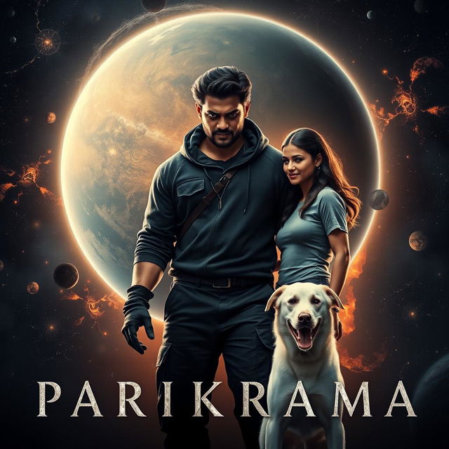 A gripping cinematic film poster titled 'Parikrama', featuring a formidable 27-year-old Indian man standing in the breathtaking expanse of our solar system, showcasing his multiversal dark magical powers