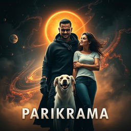 A gripping cinematic film poster titled 'Parikrama', featuring a formidable 27-year-old Indian man standing in the breathtaking expanse of our solar system, showcasing his multiversal dark magical powers