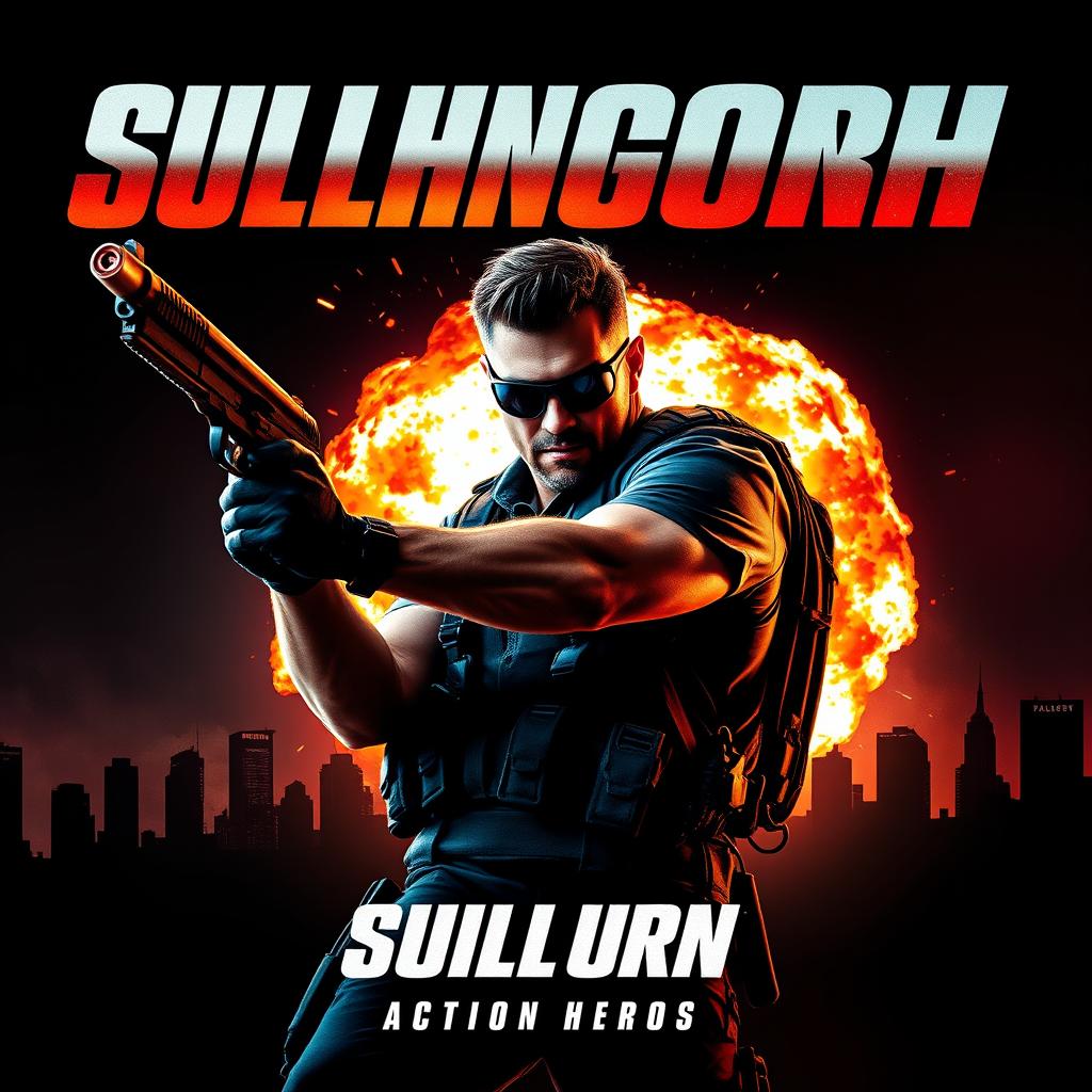 A high-octane action movie poster featuring a rugged hero in a dynamic pose, brandishing a weapon, with a dramatic explosion in the background