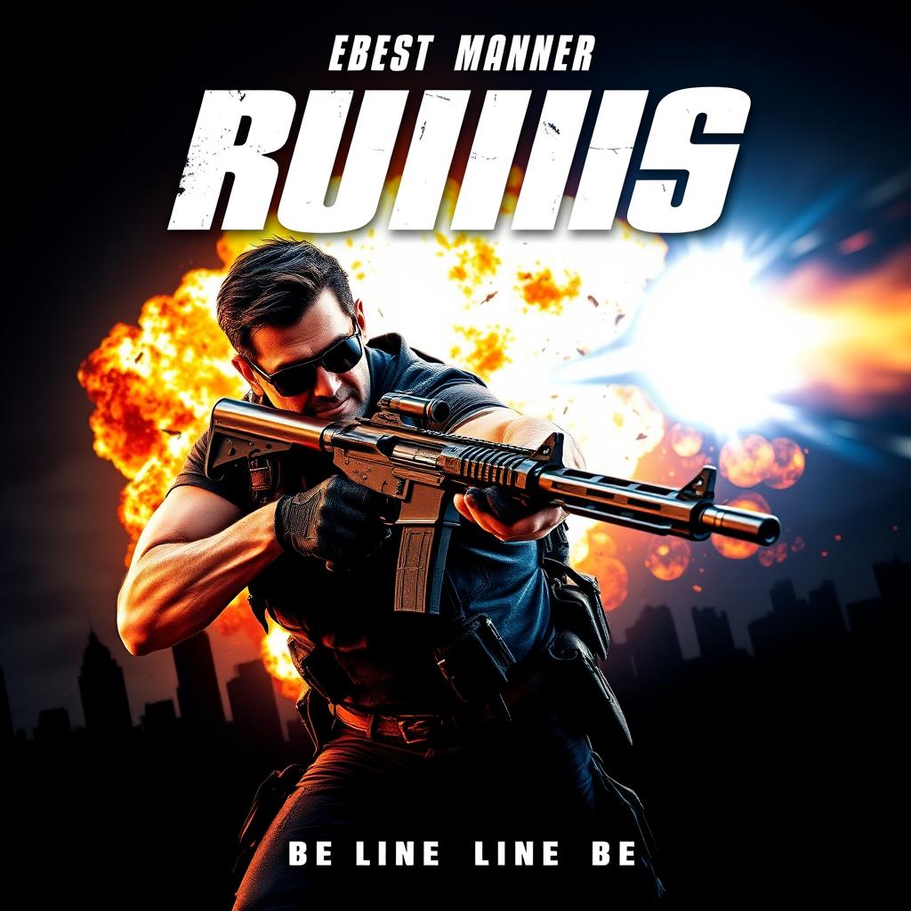 A high-octane action movie poster featuring a rugged hero in a dynamic pose, brandishing a weapon, with a dramatic explosion in the background