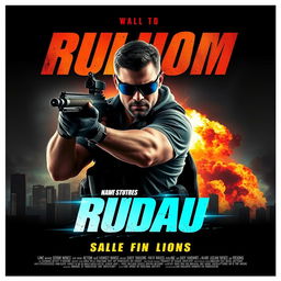 A high-octane action movie poster featuring a rugged hero in a dynamic pose, brandishing a weapon, with a dramatic explosion in the background