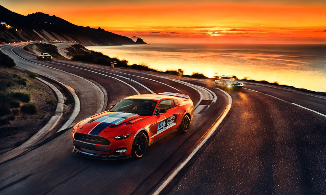 A Yousuf Karsh-inspired photograph of a Mustang with a patriotic paint job driving through seaside hills at sunset.