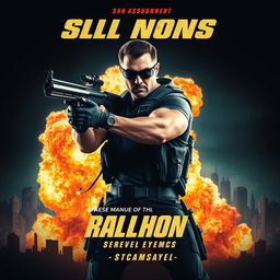 A high-octane action movie poster featuring a rugged hero in a dynamic pose, brandishing a weapon, with a dramatic explosion in the background