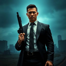 A movie poster featuring a dramatic, wide-angle shot of a lone Vietnamese hero standing tall against a desolate Dallas city landscape