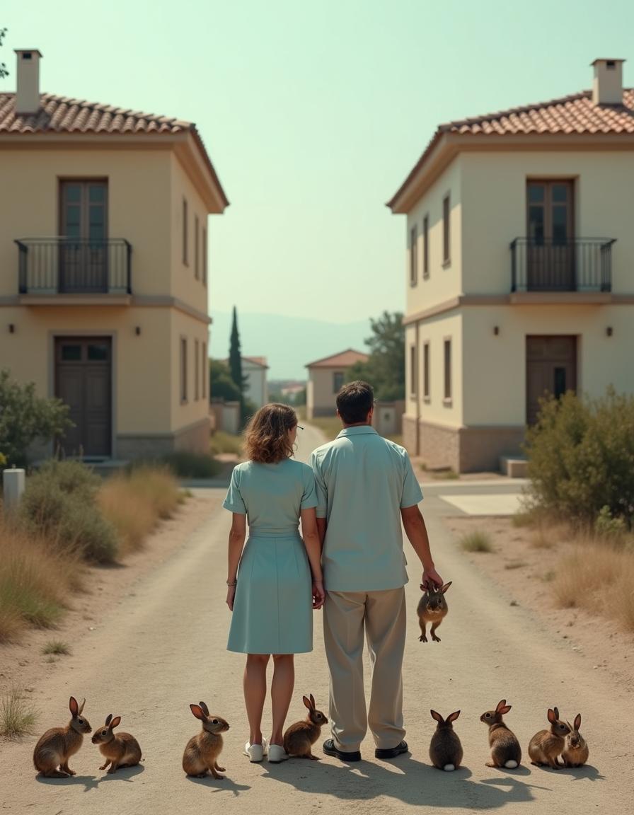 A whimsical scene set in a Spanish residential area that appears half-abandoned, featuring two identical houses with traditional Spanish architecture in the background