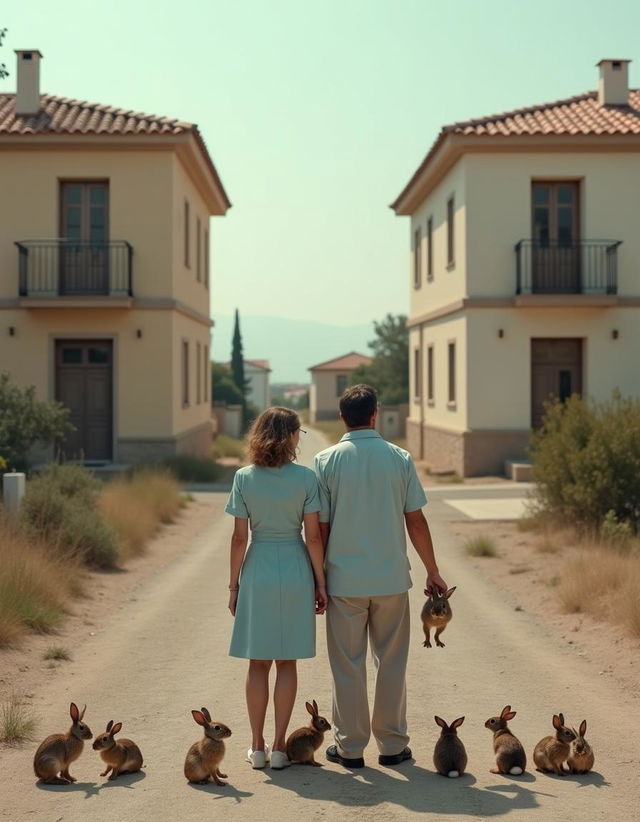 A whimsical scene set in a Spanish residential area that appears half-abandoned, featuring two identical houses with traditional Spanish architecture in the background