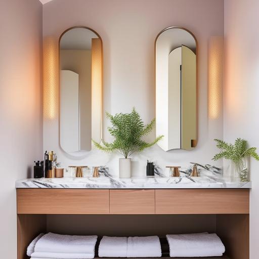 A modern bathroom redesign featuring sleek fixtures, marble countertops, and ambient lighting. Add a large mirror and plants for a refreshing touch.