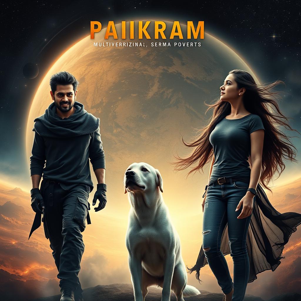 A striking cinematic film poster titled 'Parikrama', showcasing a 27-year-old Indian man with formidable multiversal dark magical powers, confidently standing in the mesmerizing expanse of our solar system