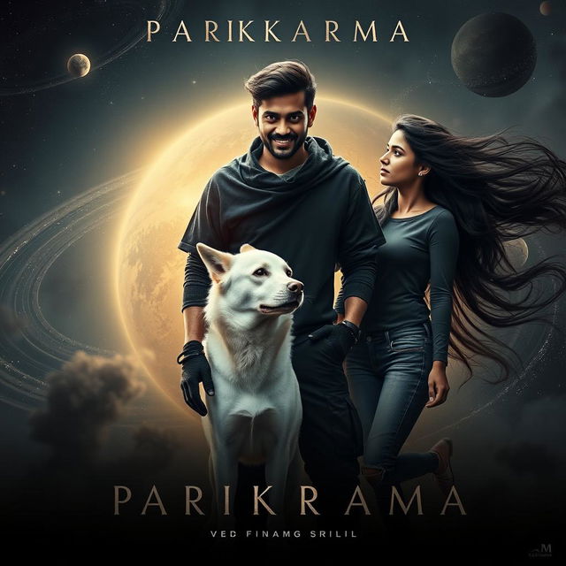 A striking cinematic film poster titled 'Parikrama', showcasing a 27-year-old Indian man with formidable multiversal dark magical powers, confidently standing in the mesmerizing expanse of our solar system