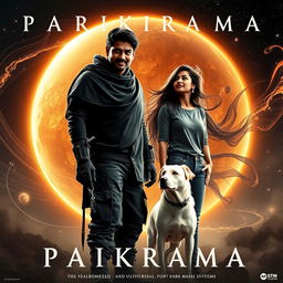 A striking cinematic film poster titled 'Parikrama', showcasing a 27-year-old Indian man with formidable multiversal dark magical powers, confidently standing in the mesmerizing expanse of our solar system