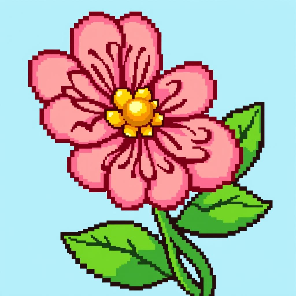 A vibrant pixel art depiction of a flower, showcasing bright colors and a simple, charming design