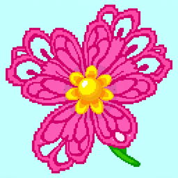 A vibrant pixel art depiction of a flower, showcasing bright colors and a simple, charming design