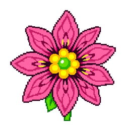 A vibrant pixel art depiction of a flower, showcasing bright colors and a simple, charming design