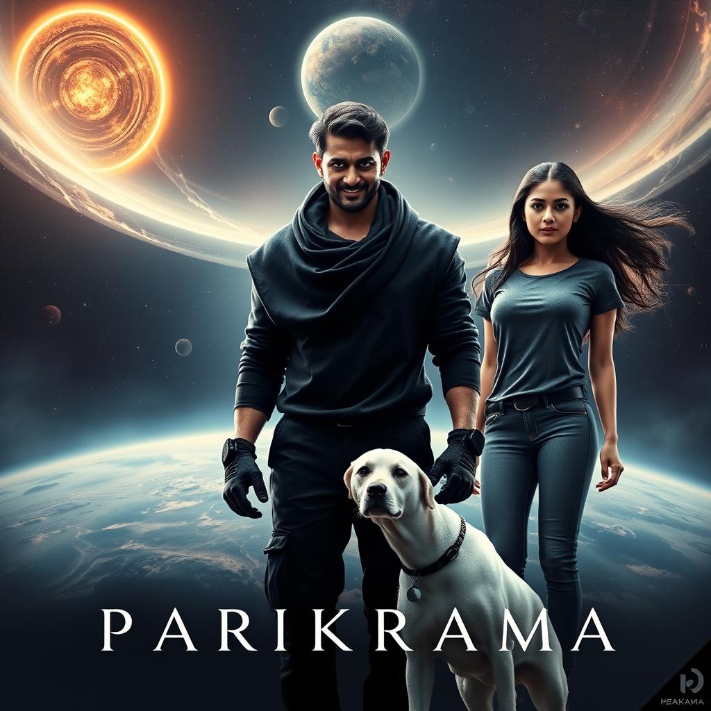 A visually striking cinematic film poster titled 'Parikrama', showcasing a 27-year-old Indian man with formidable multiversal dark magical powers, confidently standing amidst the vast expanse of our solar system