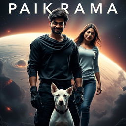 A visually striking cinematic film poster titled 'Parikrama', showcasing a 27-year-old Indian man with formidable multiversal dark magical powers, confidently standing amidst the vast expanse of our solar system