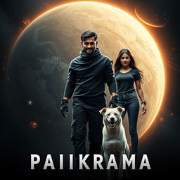 A visually striking cinematic film poster titled 'Parikrama', showcasing a 27-year-old Indian man with formidable multiversal dark magical powers, confidently standing amidst the vast expanse of our solar system