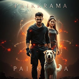 A visually striking cinematic film poster titled 'Parikrama', showcasing a 27-year-old Indian man with formidable multiversal dark magical powers, confidently standing amidst the vast expanse of our solar system