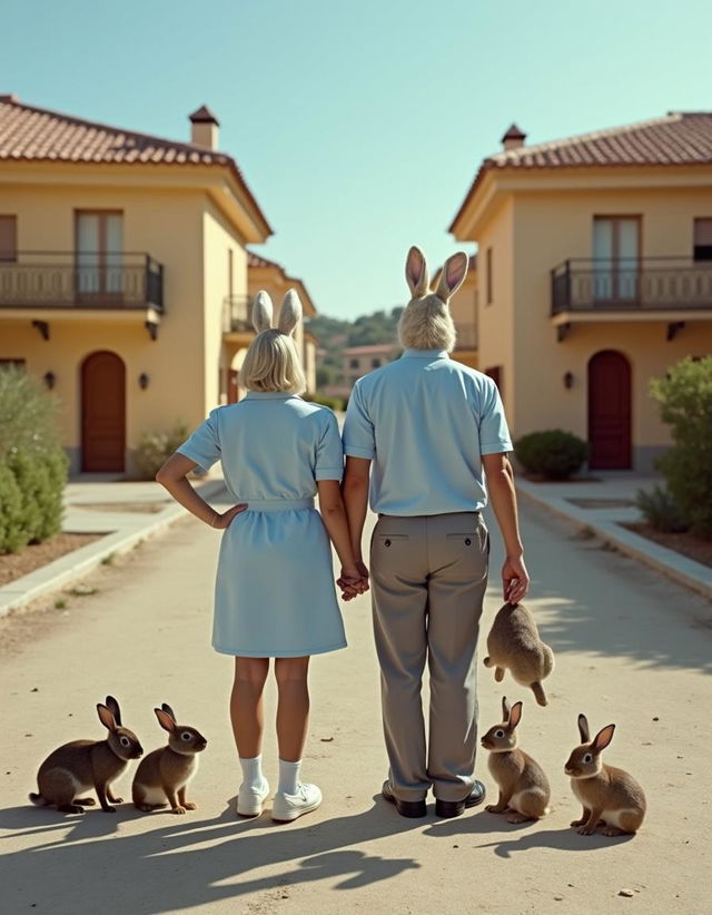 A quirky scene set in a Spanish residential area that looks half-abandoned, featuring two identical houses with traditional Spanish architecture in the background