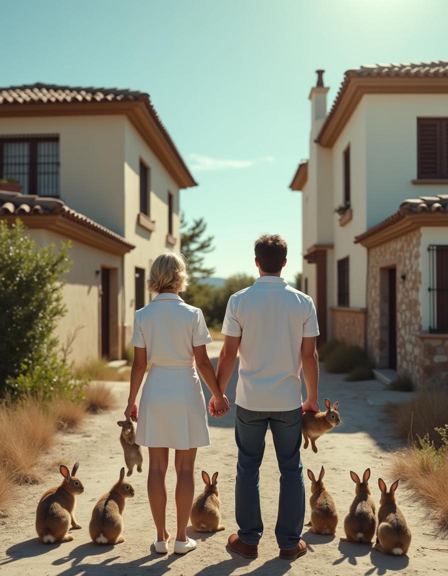 A comedic scene set in a Spanish residential area that appears half-abandoned, featuring two identical houses with traditional Spanish architecture