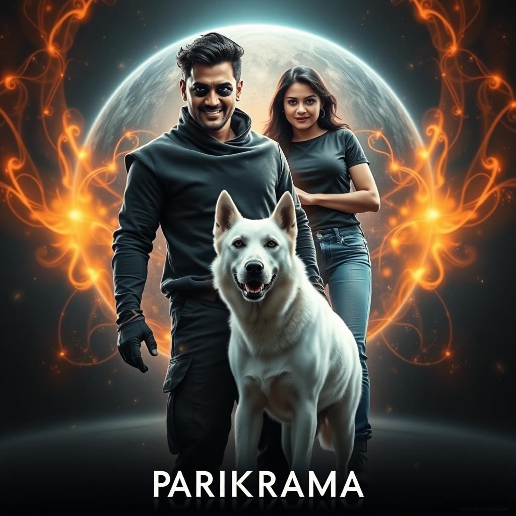 A captivating cinematic film poster titled 'Parikrama', featuring a powerful 27-year-old Indian man with multiversal dark magical powers, standing boldly in the stunning expanse of our solar system