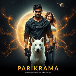 A captivating cinematic film poster titled 'Parikrama', featuring a powerful 27-year-old Indian man with multiversal dark magical powers, standing boldly in the stunning expanse of our solar system