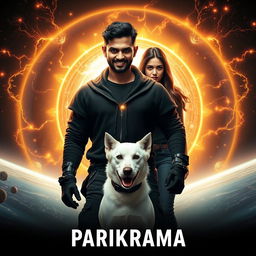 A captivating cinematic film poster titled 'Parikrama', featuring a powerful 27-year-old Indian man with multiversal dark magical powers, standing boldly in the stunning expanse of our solar system